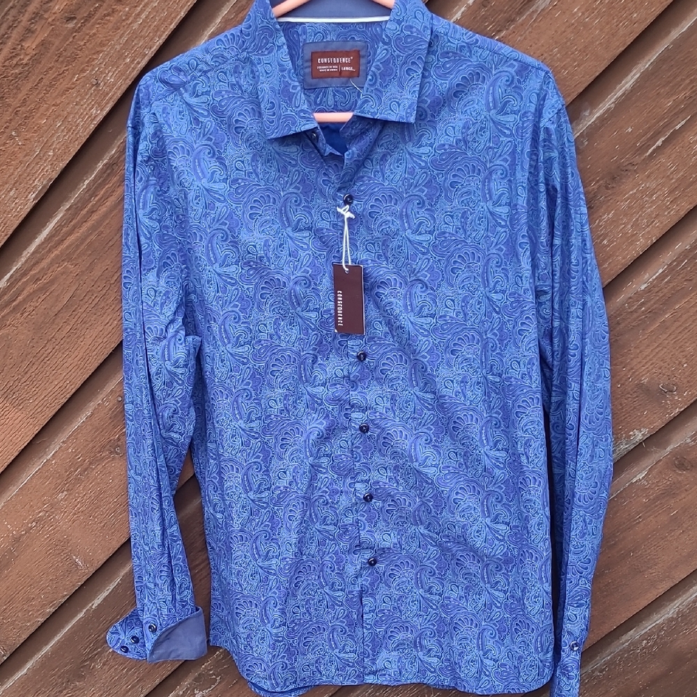 NWT CONSEQUENCE Blue Paisley Button Down Shirt